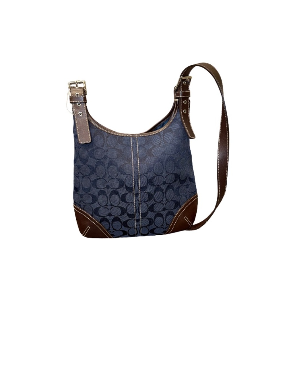 Coach Navy Signature Canvas Shoulder Bag with Brown Leather Trim